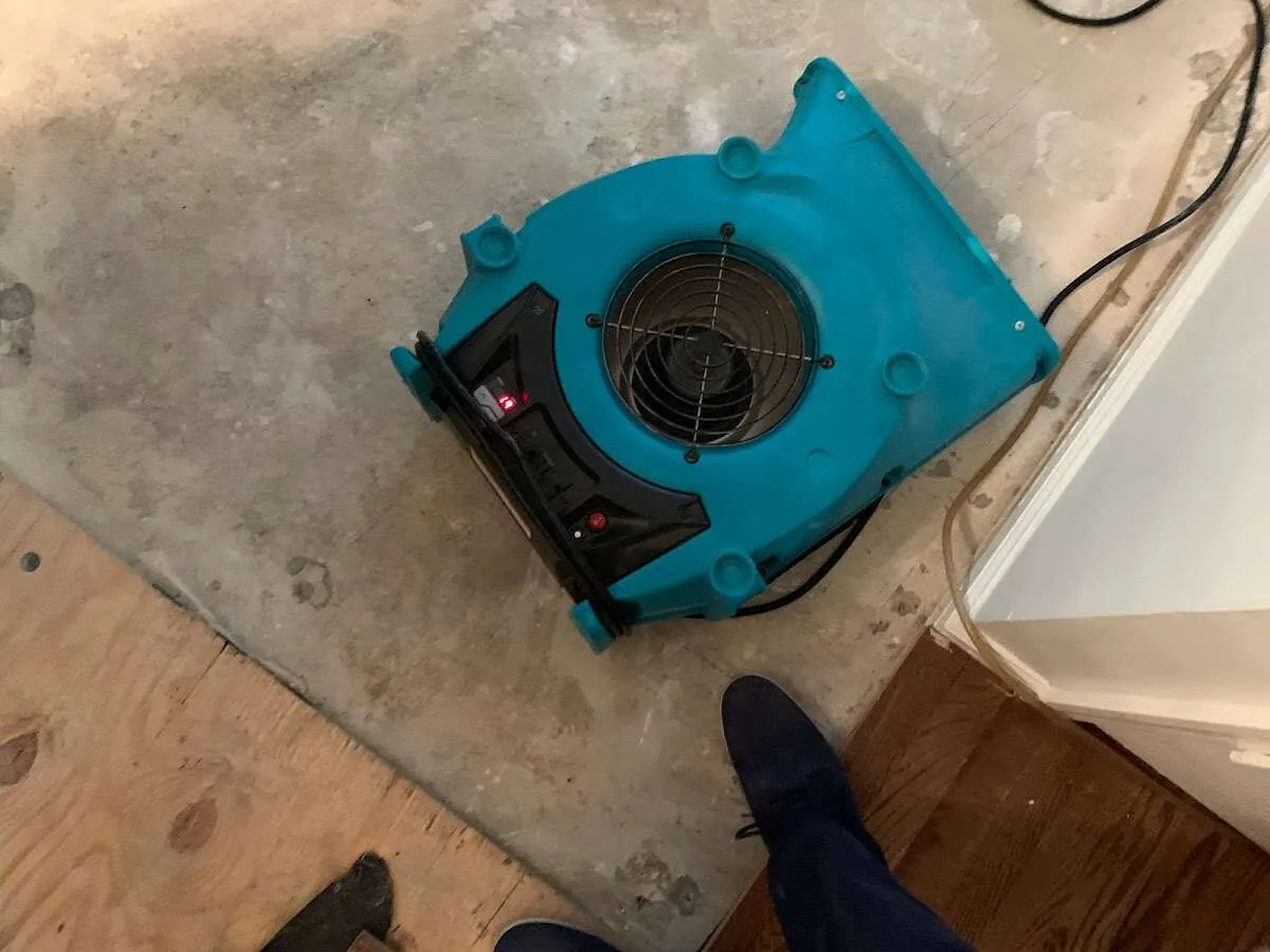 Air mover drying subfloor during Commercial Water Damage Restoration in Breitung